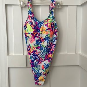Like New SO one-piece swimsuit in Size XS, white with neon floral print